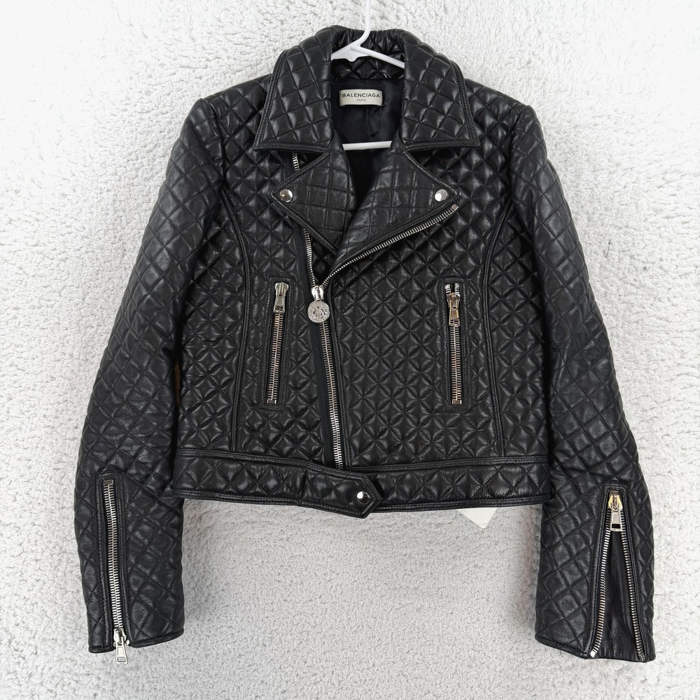 Balenciaga Womens 40 Black Quilted Lambskin Moto Biker Jacket 436318 TCH99